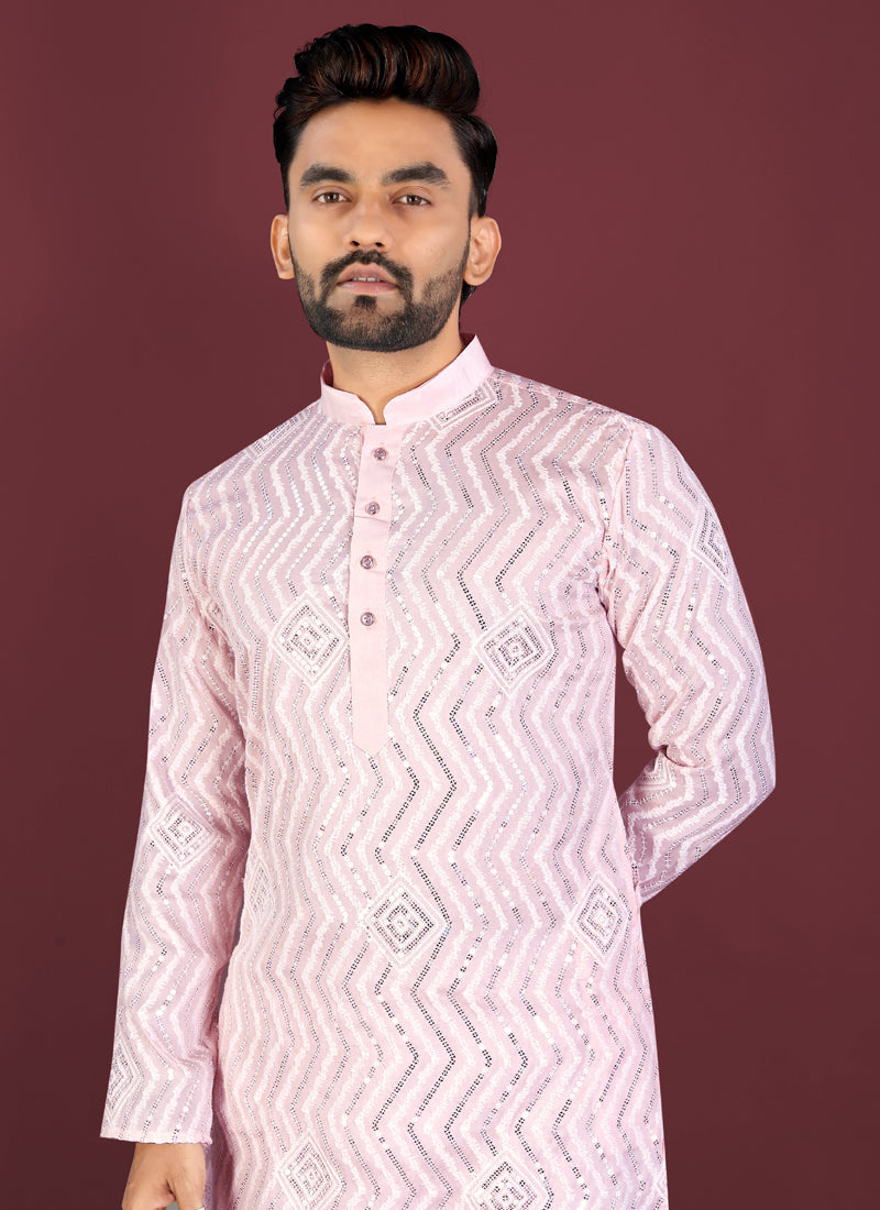 Baby Pink Silk Kurta with Cross Pattern Embroidery & Silver Sequence