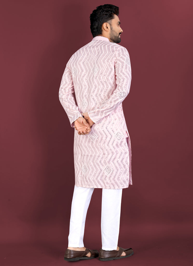 Baby Pink Silk Kurta with Cross Pattern Embroidery & Silver Sequence