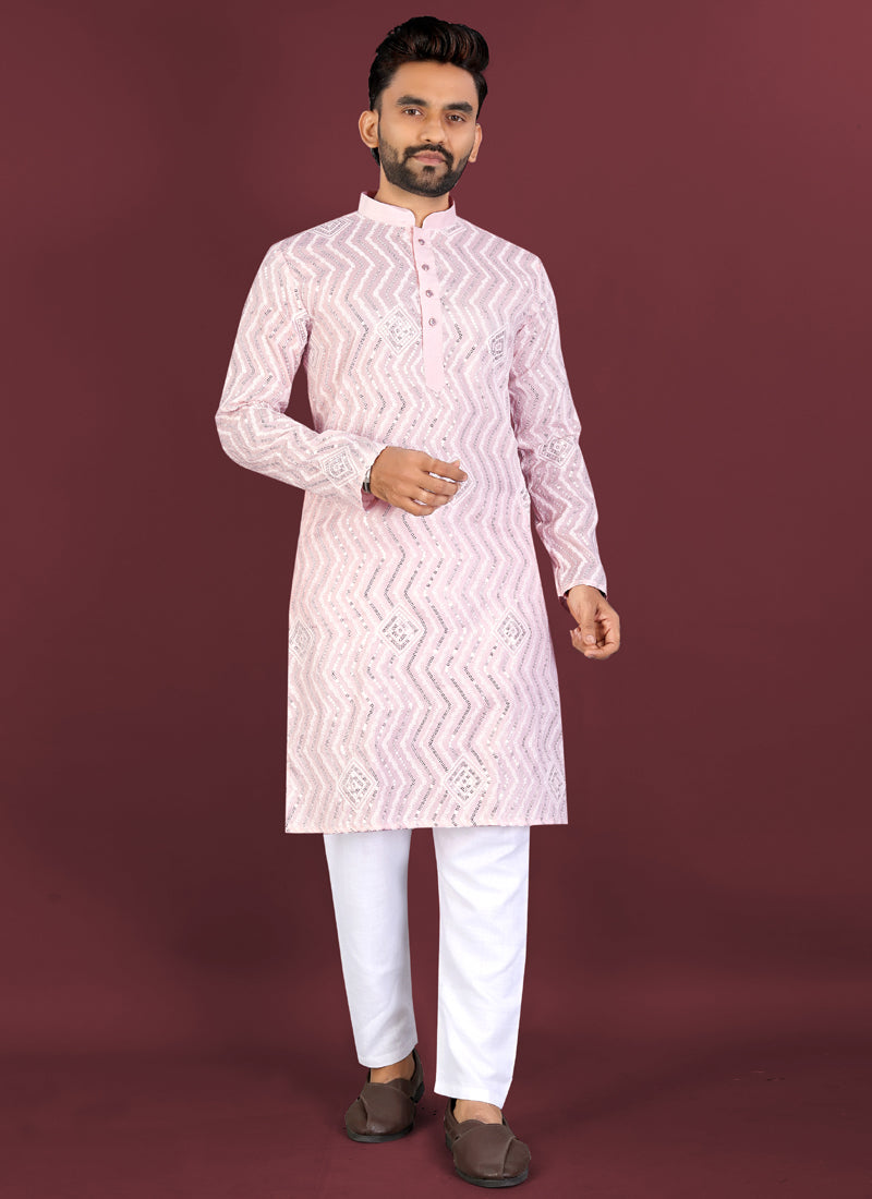 Front view of a baby pink silk kurta with cross pattern white thread embroidery and silver sequence details