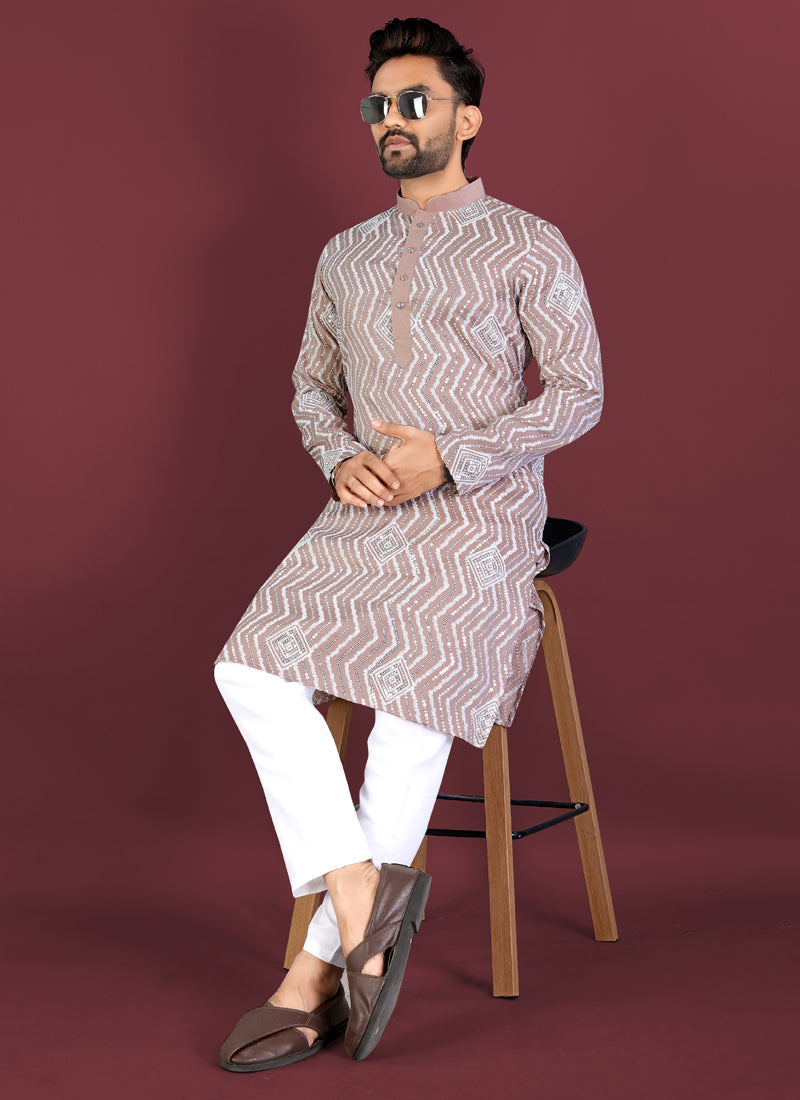 Beige Soft Silk Kurta with Cross Pattern Embroidery & Silver Sequins