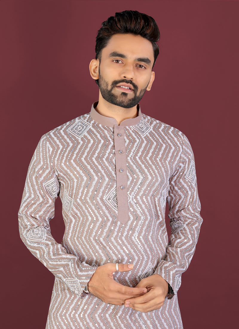 Beige Soft Silk Kurta with Cross Pattern Embroidery & Silver Sequins