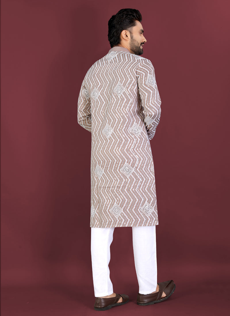 Beige Soft Silk Kurta with Cross Pattern Embroidery & Silver Sequins
