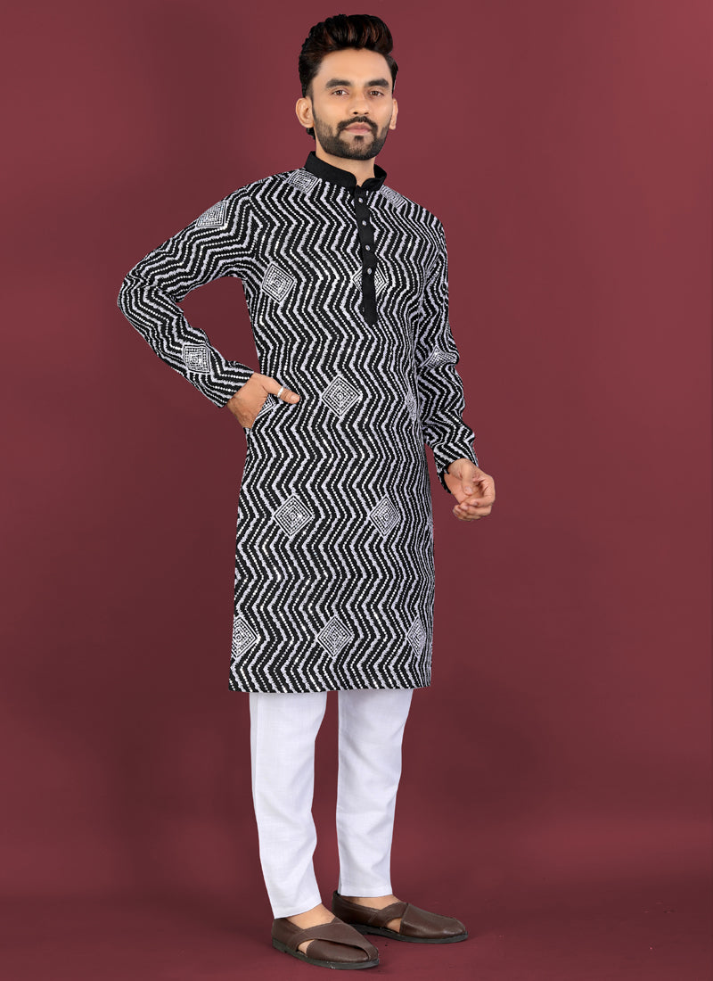 Black Soft Silk Kurta with White Thread & Silver Sequence Embroidery