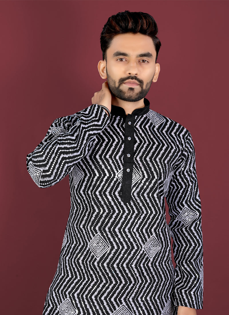 Black Soft Silk Kurta with White Thread & Silver Sequence Embroidery
