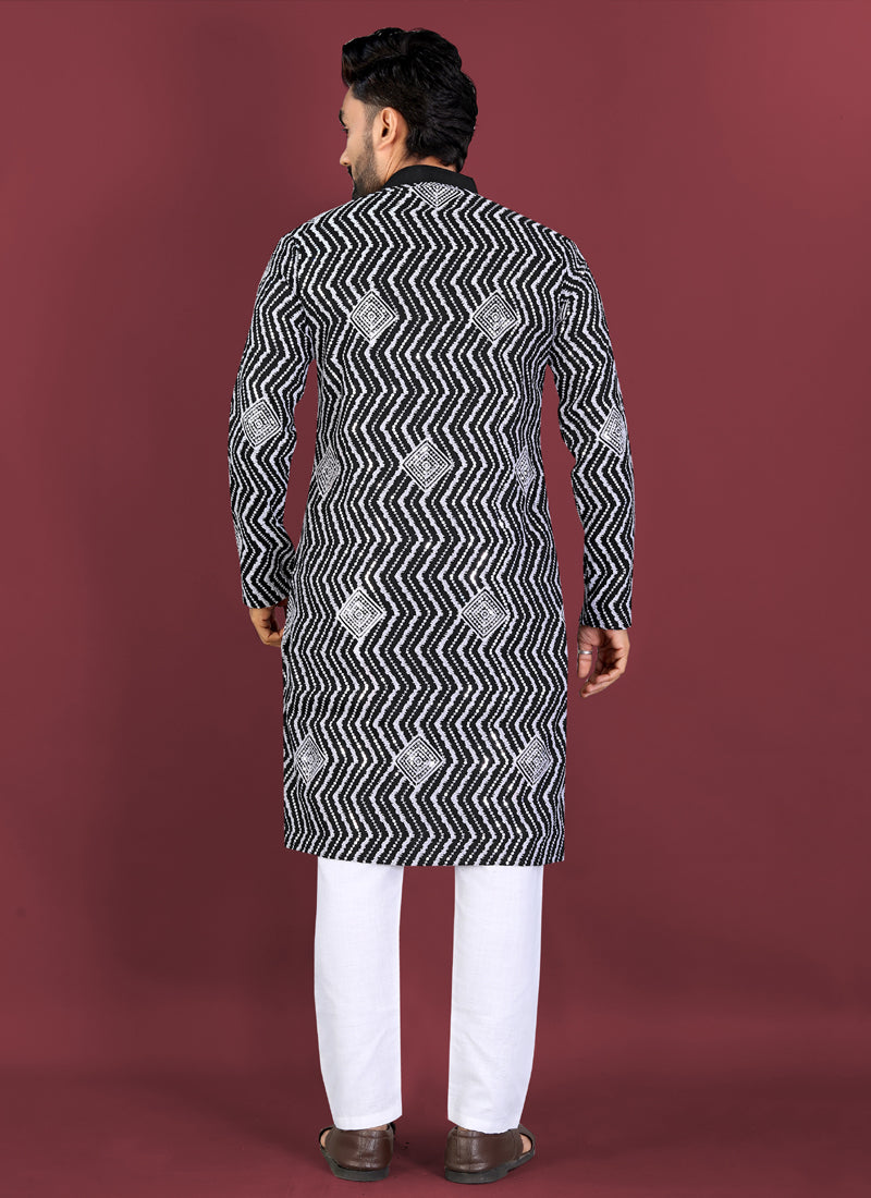 Black Soft Silk Kurta with White Thread & Silver Sequence Embroidery
