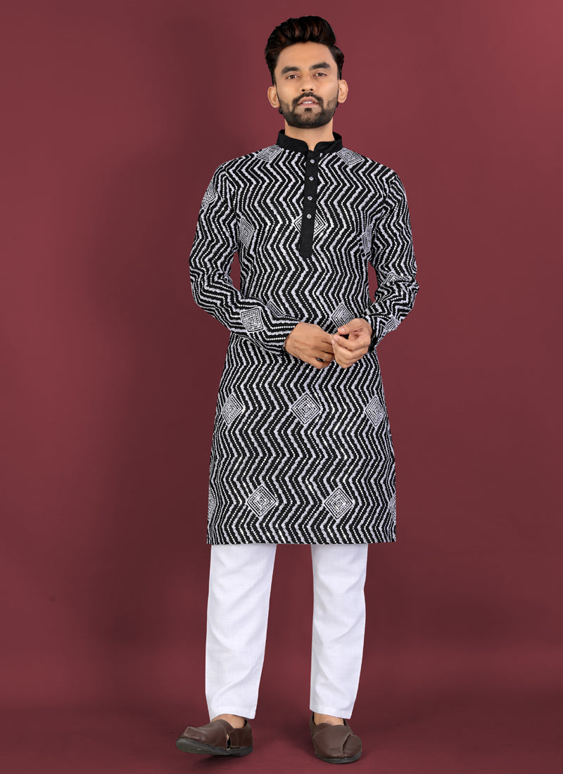 Black soft silk A-line kurta with white thread embroidery and silver sequence detail