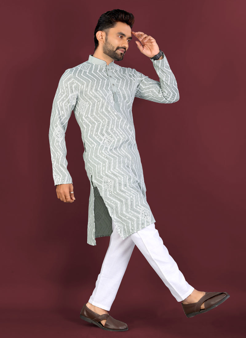 Grey Soft Silk A-Line Kurta with Cross Pattern Embroidery & Sequins