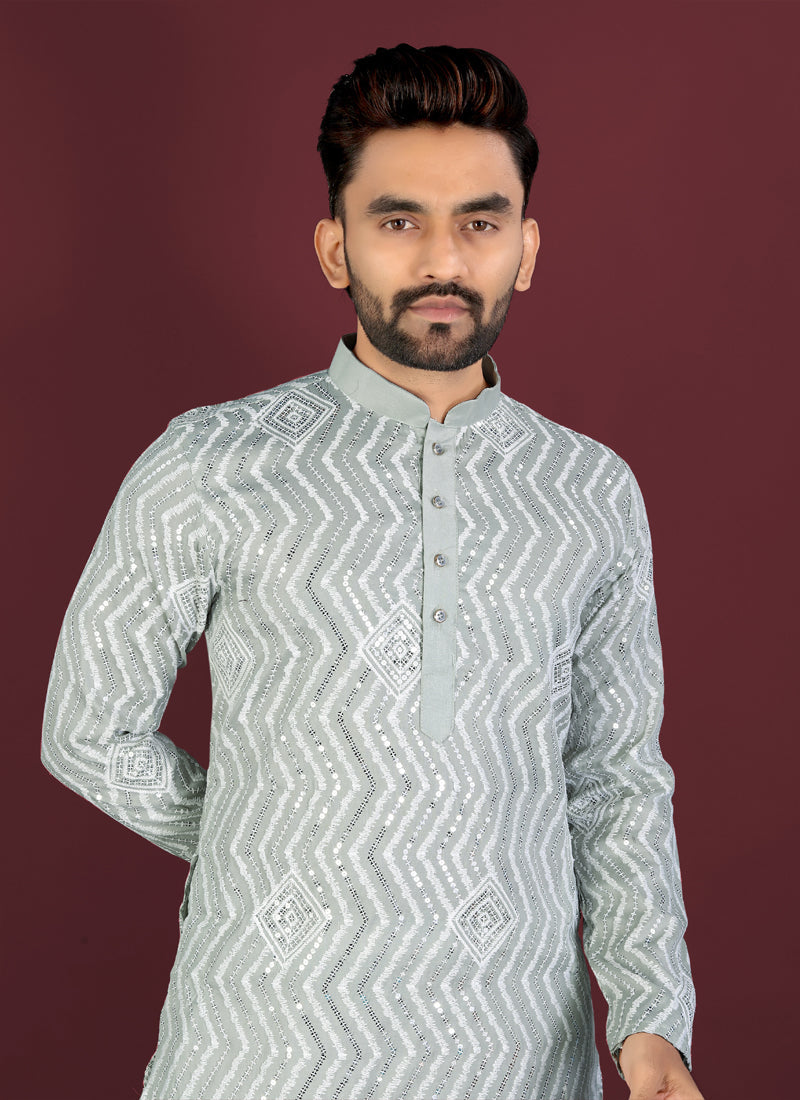 Grey Soft Silk A-Line Kurta with Cross Pattern Embroidery & Sequins