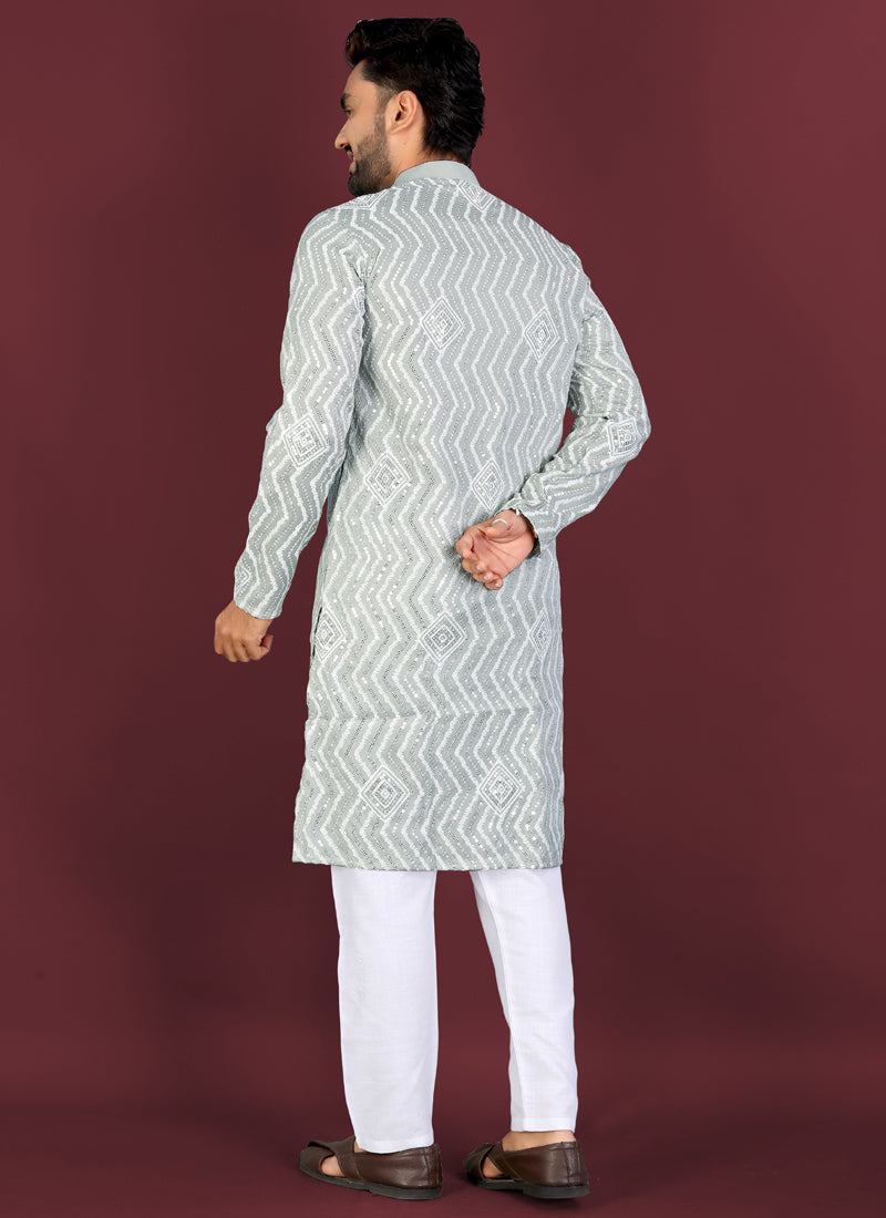 Grey Soft Silk A-Line Kurta with Cross Pattern Embroidery & Sequins