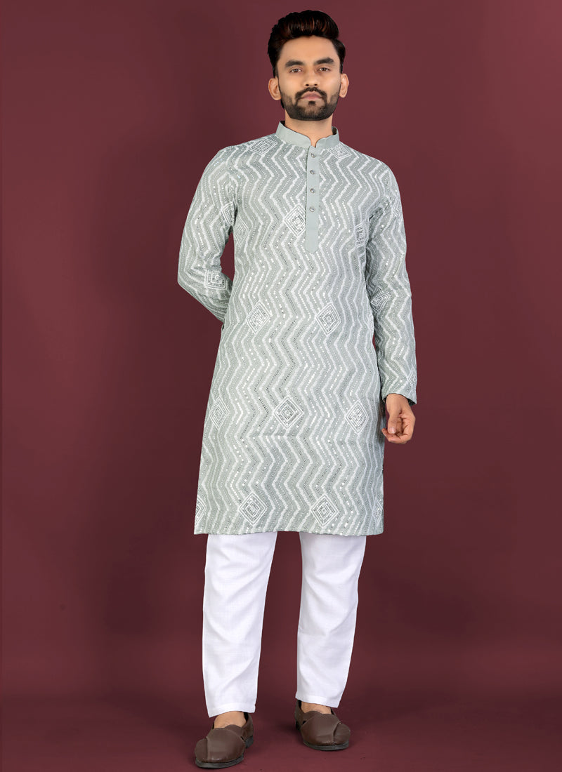 Grey soft silk A-line kurta with white thread embroidery and silver sequence detailing