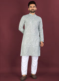 Grey soft silk A-line kurta with white thread embroidery and silver sequence detailing