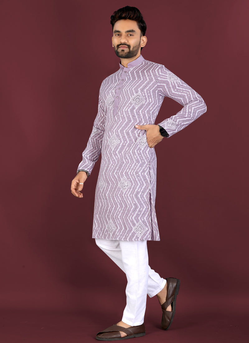 Lavender Silk Kurta with Cross Pattern Embroidery and Sequins