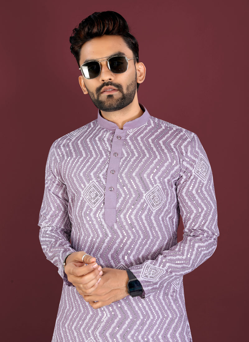 Lavender Silk Kurta with Cross Pattern Embroidery and Sequins