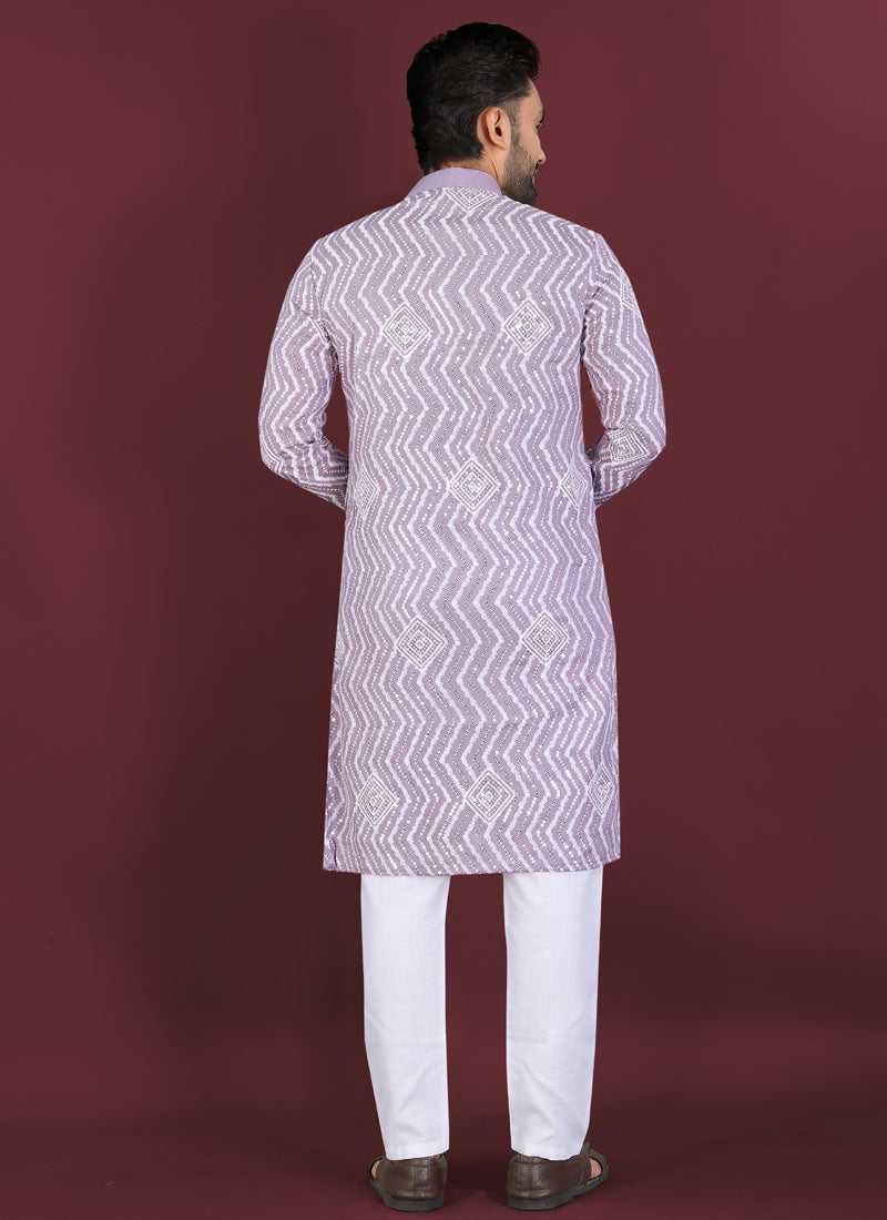 Lavender Silk Kurta with Cross Pattern Embroidery and Sequins