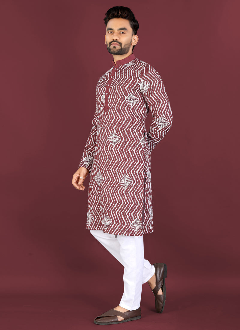 Maroon Soft Silk A-Line Kurta with Cross Pattern Embroidery