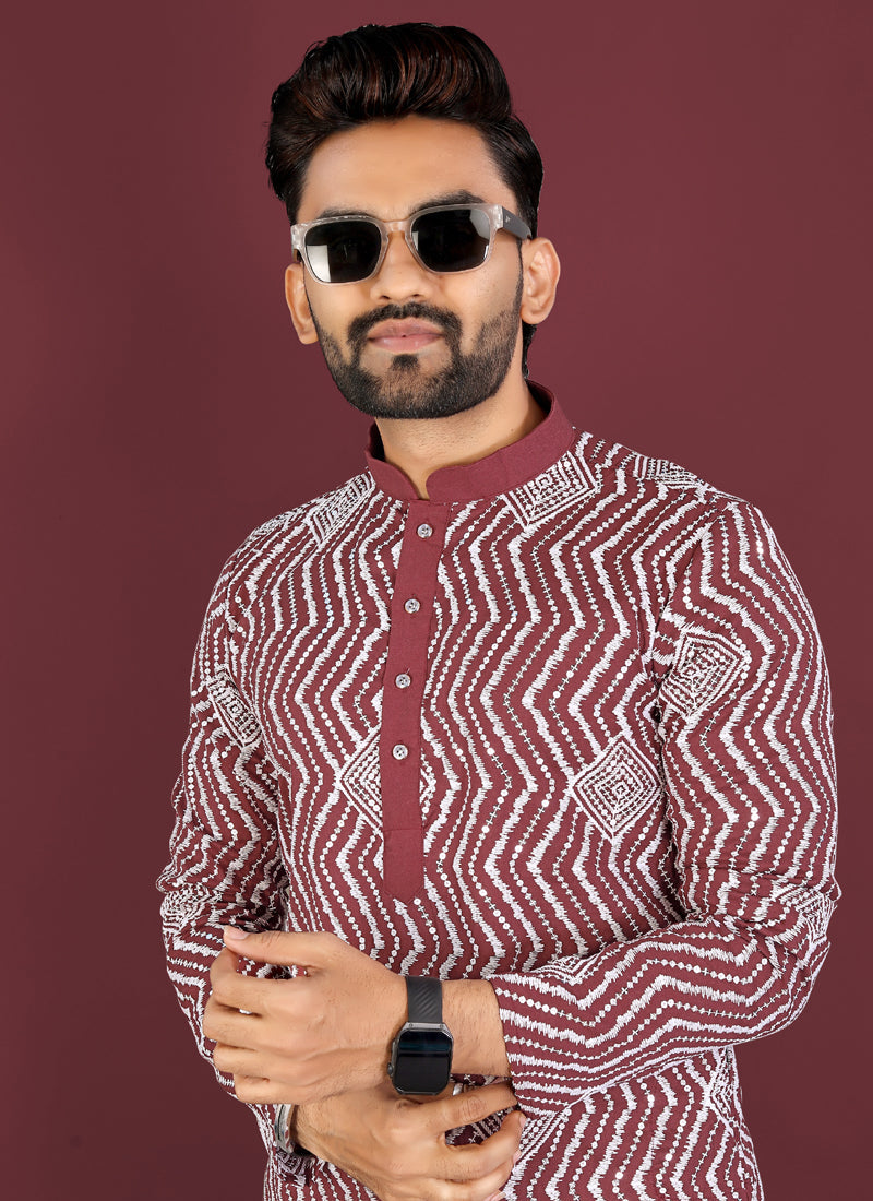 Maroon Soft Silk A-Line Kurta with Cross Pattern Embroidery