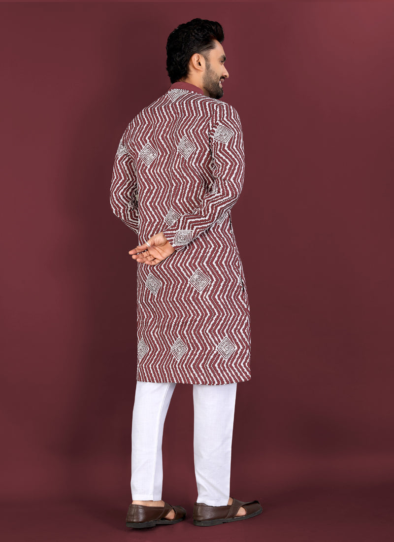 Maroon Soft Silk A-Line Kurta with Cross Pattern Embroidery