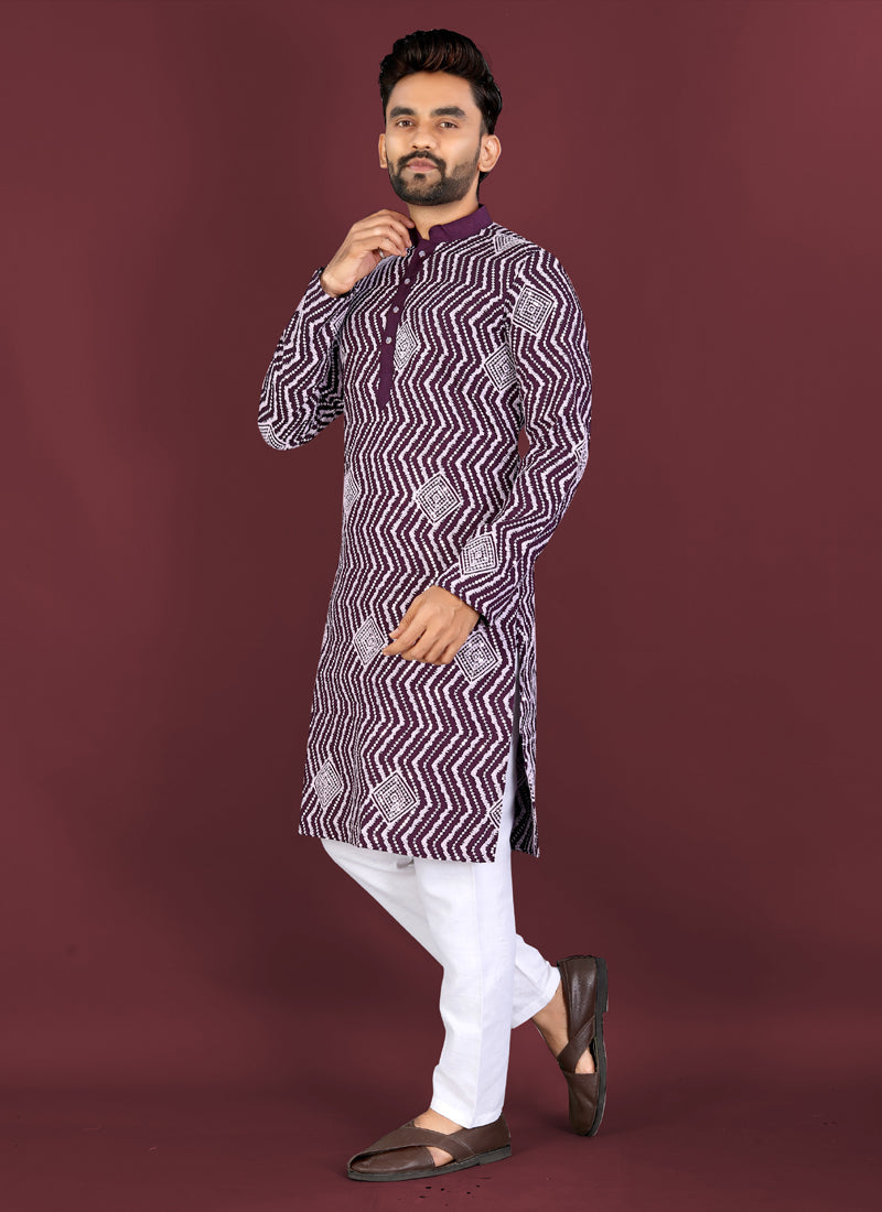 Purple Soft Silk A-Line Kurta with Cross Pattern Embroidery
