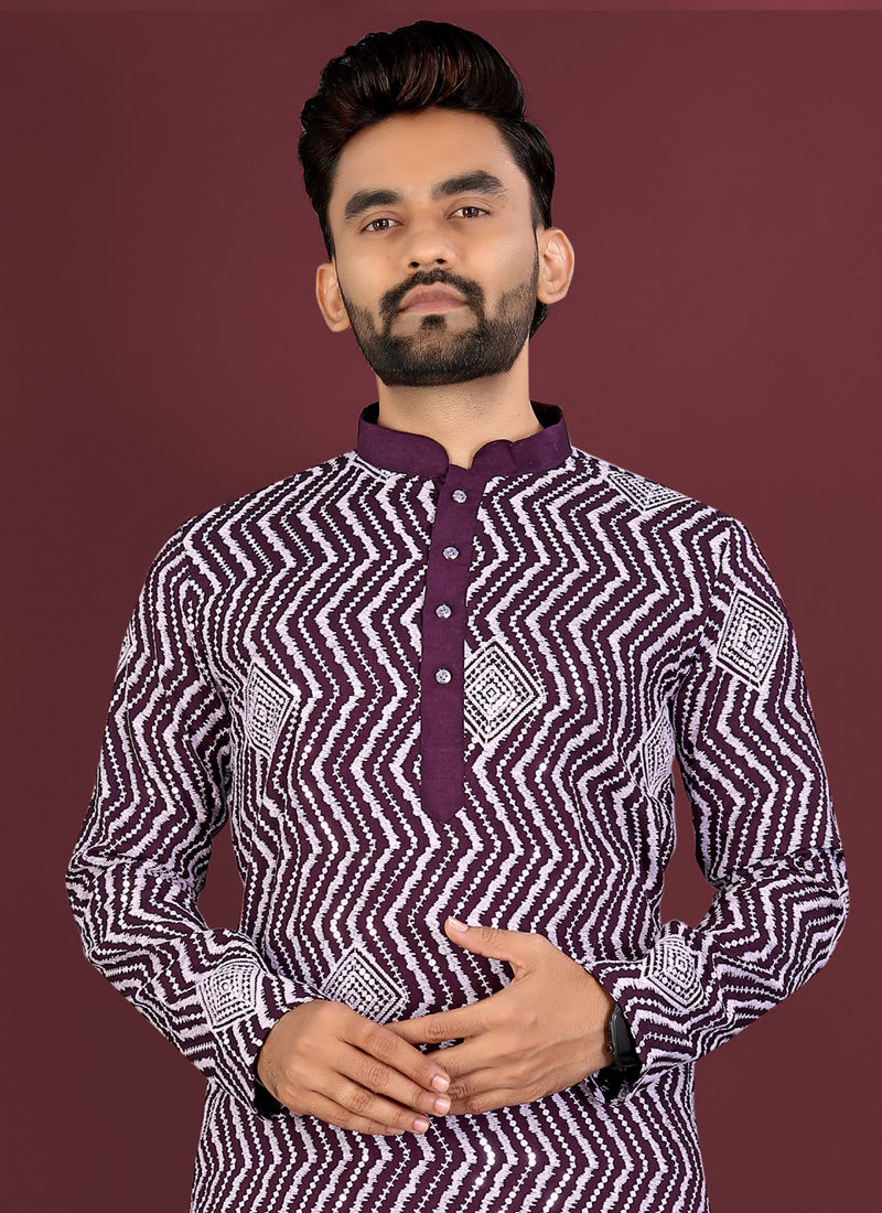 Purple Soft Silk A-Line Kurta with Cross Pattern Embroidery