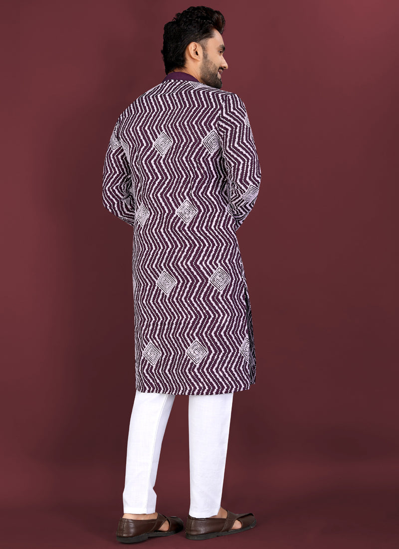 Purple Soft Silk A-Line Kurta with Cross Pattern Embroidery