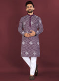 Purple soft silk A-line kurta with white cross-pattern embroidery and silver sequins