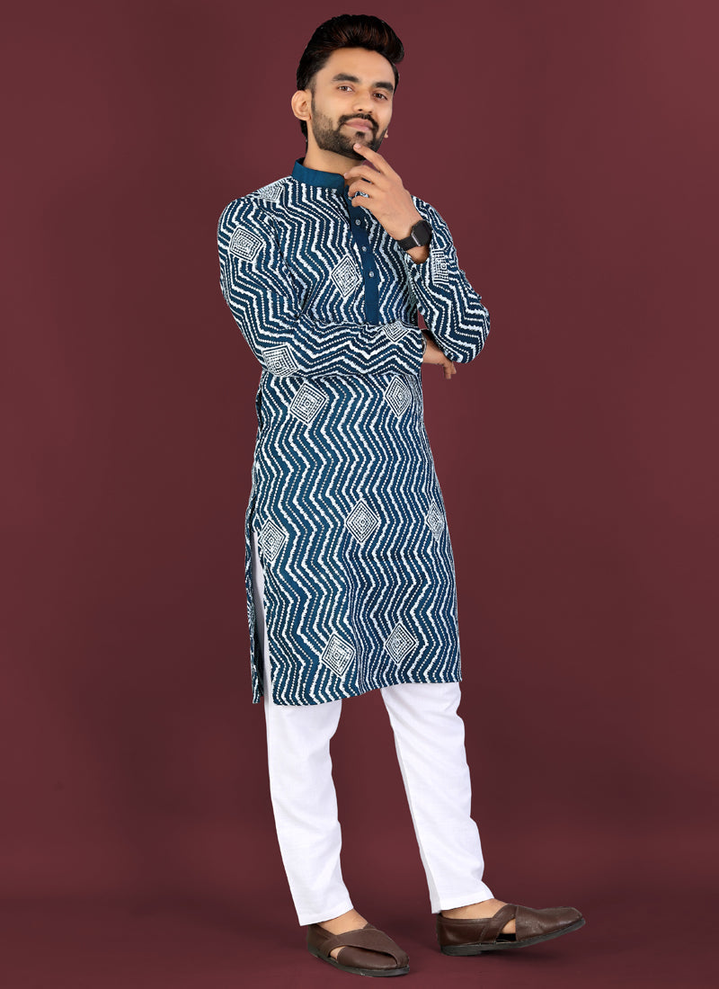 Royal blue soft silk A-line kurta with white thread embroidery and silver sequins