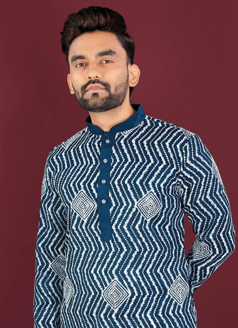 Royal Blue Soft Silk Kurta with Cross Pattern & Silver Sequins