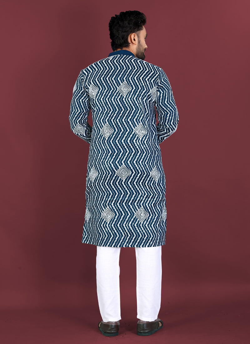 Royal Blue Soft Silk Kurta with Cross Pattern & Silver Sequins