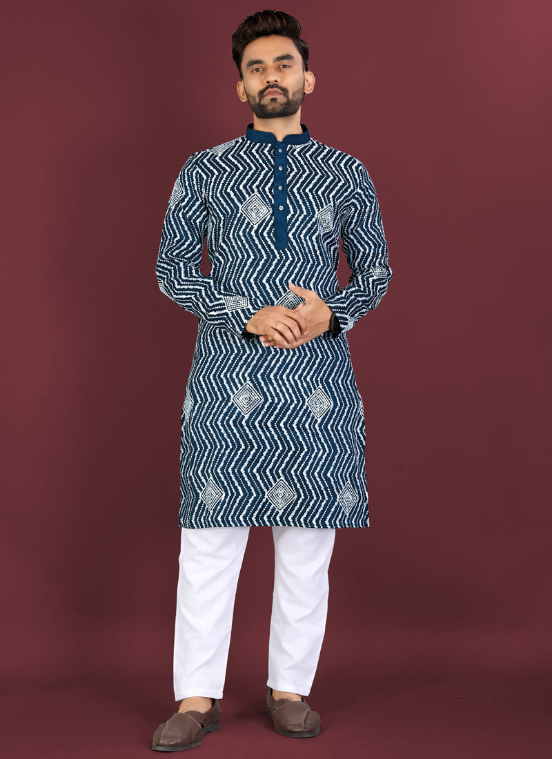 Royal Blue Soft Silk Kurta with Cross Pattern & Silver Sequins