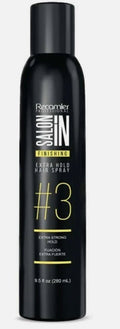 Recamier Salon In Extra Hold Hair Spray in a black and yellow canister, 9.5 fl oz.
