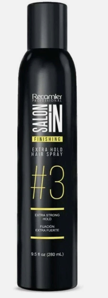 Recamier Salon In Extra Hold Hair Spray in a black and yellow canister, 9.5 fl oz.