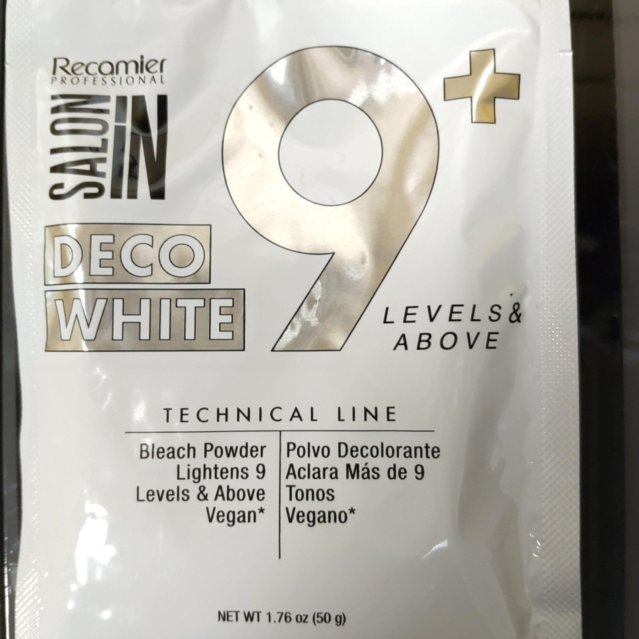 A professional-grade container of Salonin Deco White Bleach Powder 1.76 oz for hair lightening.