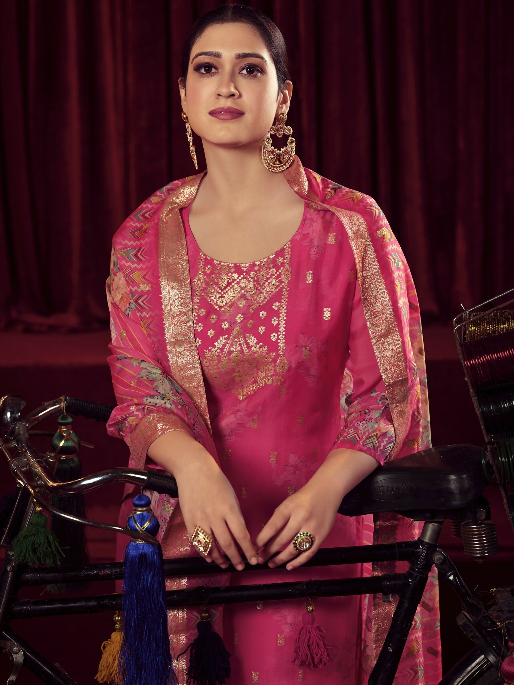 Magenta Organza Jacquard Woven Straight Kurta Set with Dupatta