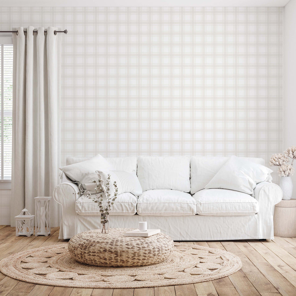 Sampson Plaid Peel and Stick Wallpaper in White and Beige