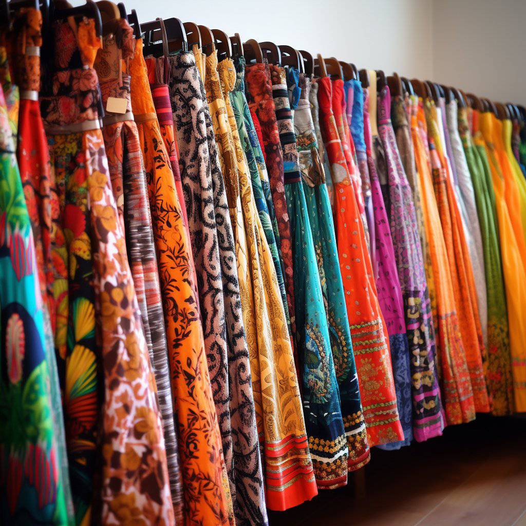 Vibrant, abstract patterned bohemian recycled silk apparel in sunset orange, yellow, and teal tones.