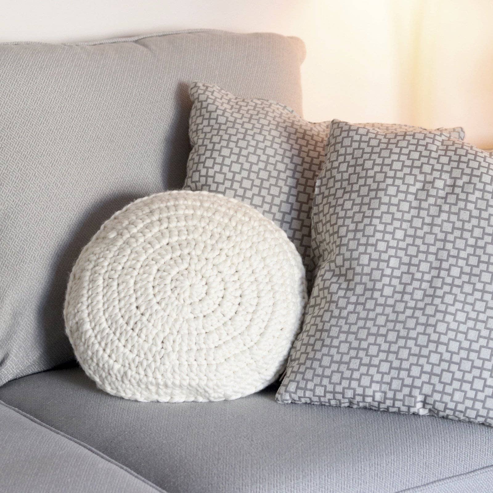 Sand Dollar Crochet Throw Pillow, Round Cream Knit Cushion