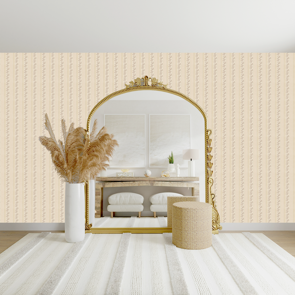 Auggie Striped Wallpaper in Pink, Cream, and Sage-Green