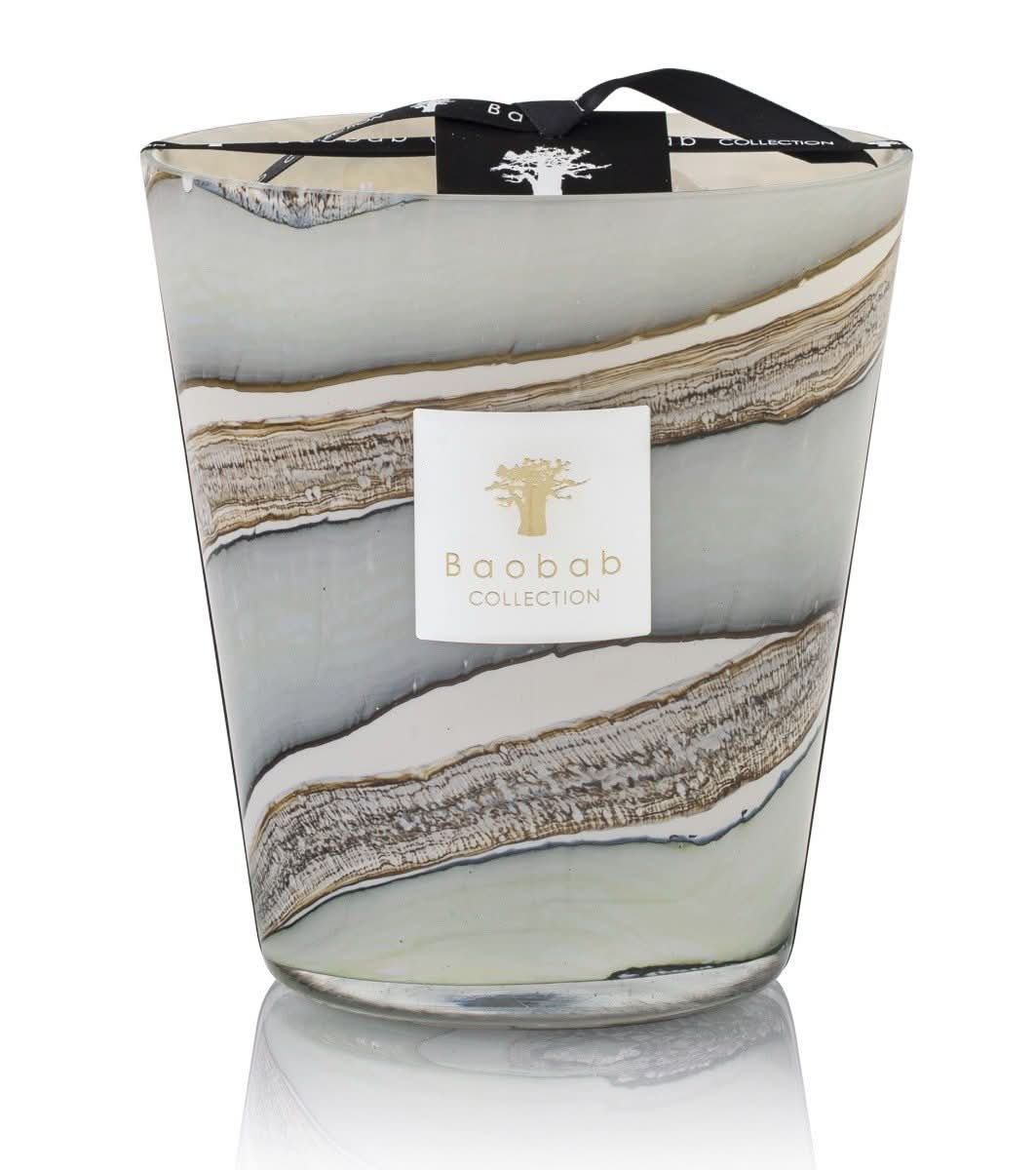 Baobab Collection Sand Sonora Max 16 hand-blown glass candle with green and gray desert-inspired lines.