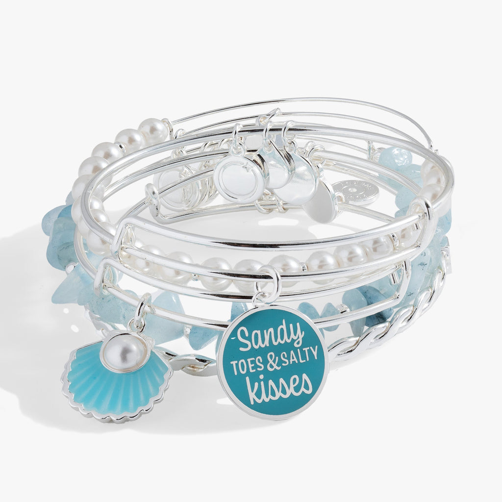 Set of 5 beach-themed bangles featuring a scallop seashell charm, glass pearls, and blue enamel details