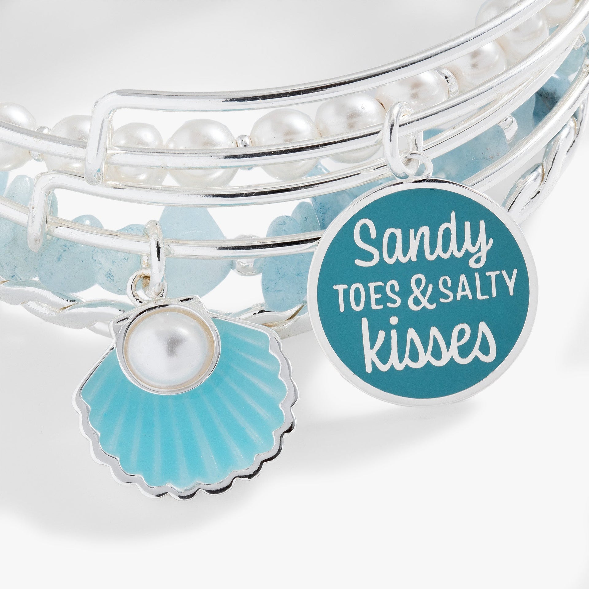 Beach Bangle Bracelet Set of 5 with Seashell and Pearl Charms