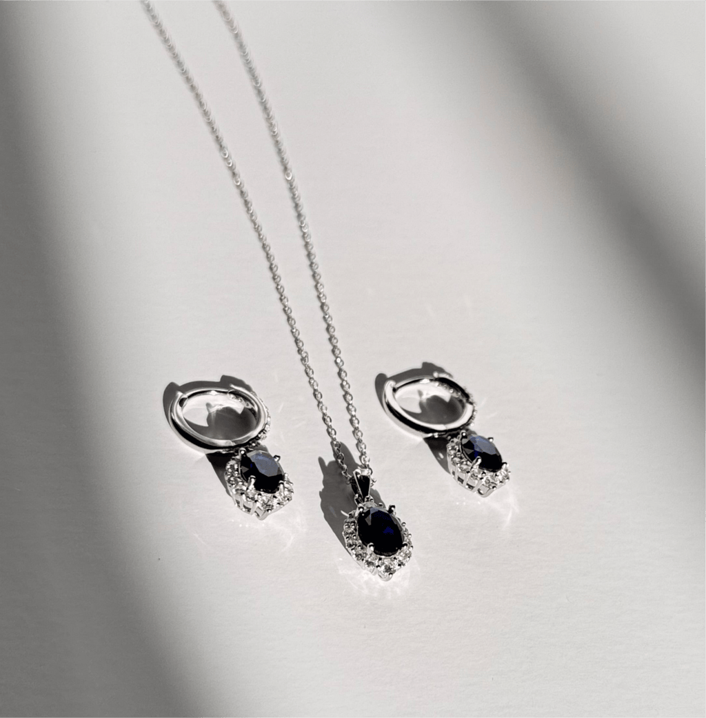 Sapphire Blue Elegance Jewelry Set - 925 Sterling Silver Hoop Earrings & Pendant Necklace