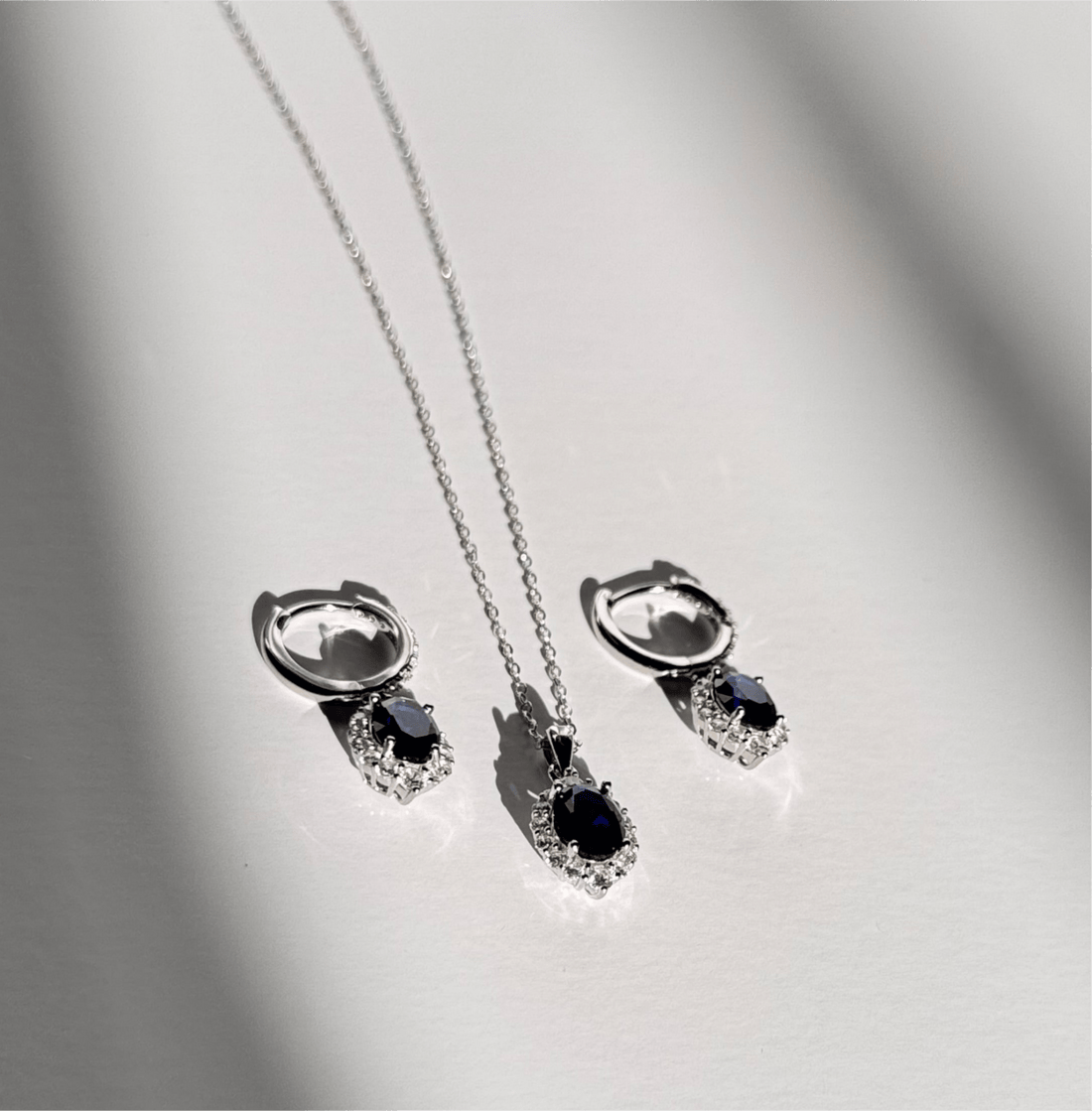 Sapphire Blue Elegance Jewelry Set - 925 Sterling Silver Hoop Earrings & Pendant Necklace