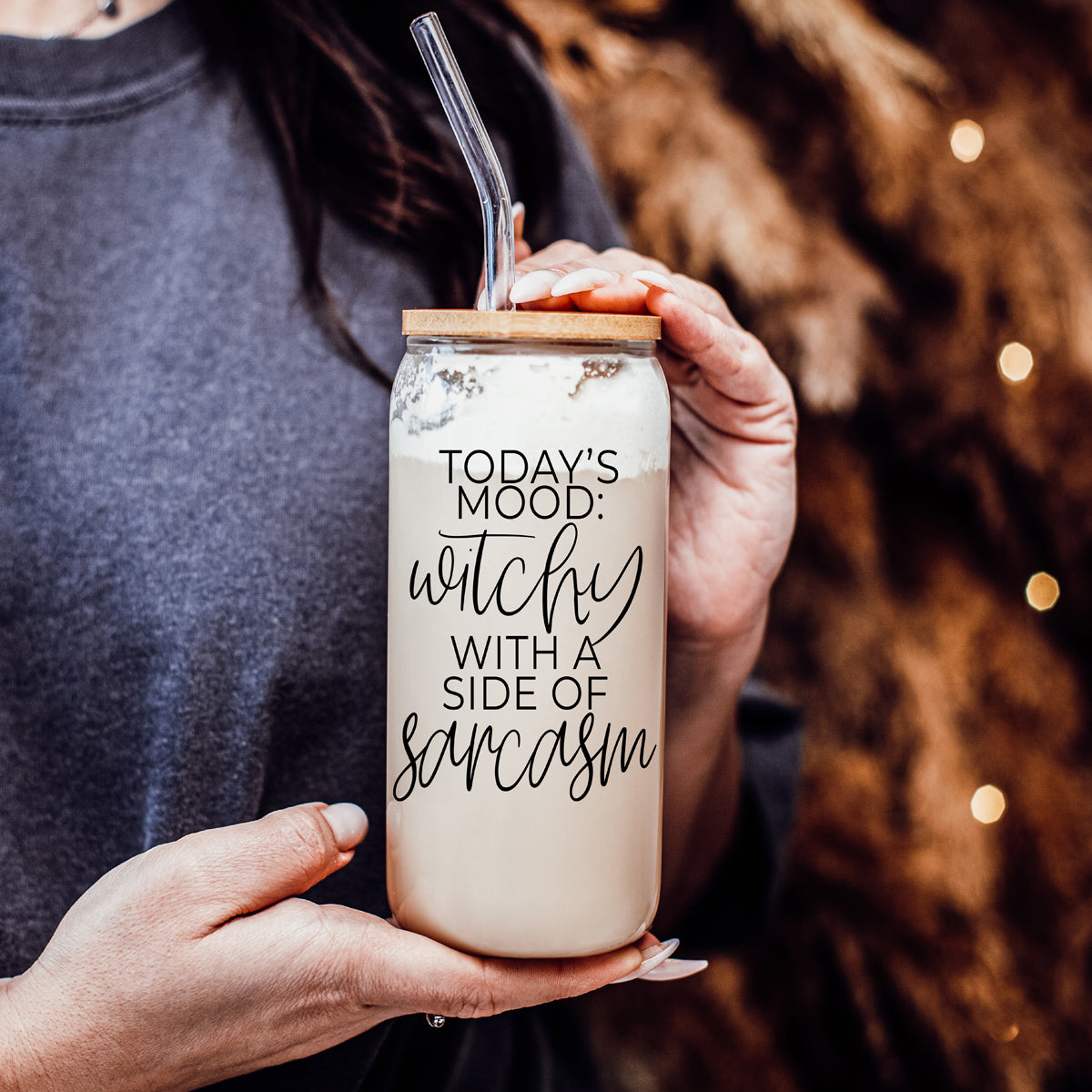 Witchy With a Side of Sarcasm 20oz Glass Tumbler with Lid - Image 13
