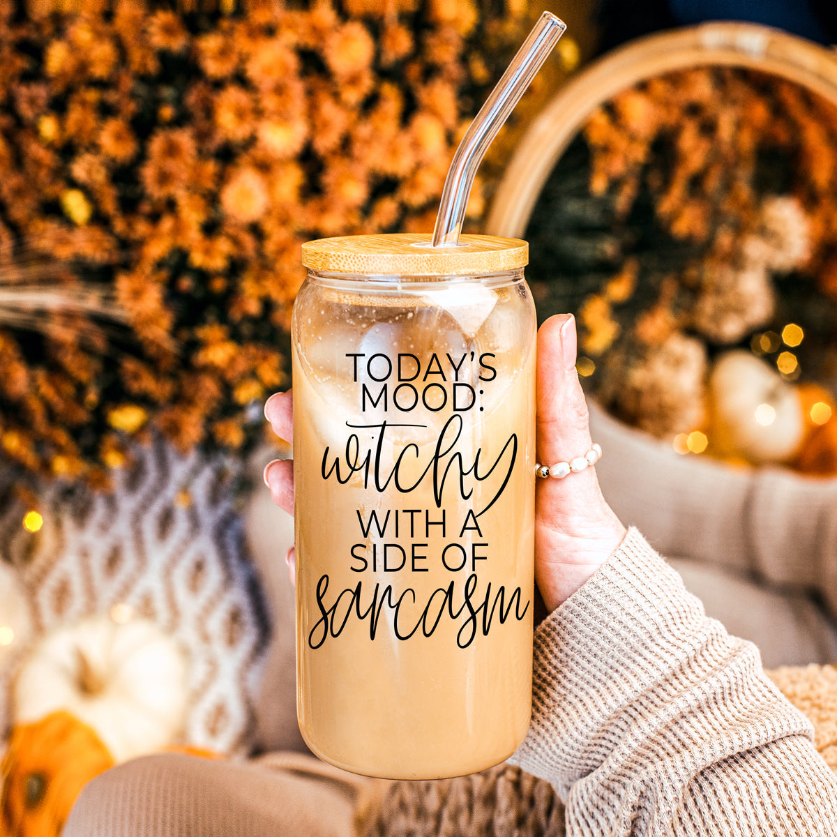 Witchy With a Side of Sarcasm 20oz Glass Tumbler with Lid - Image 22