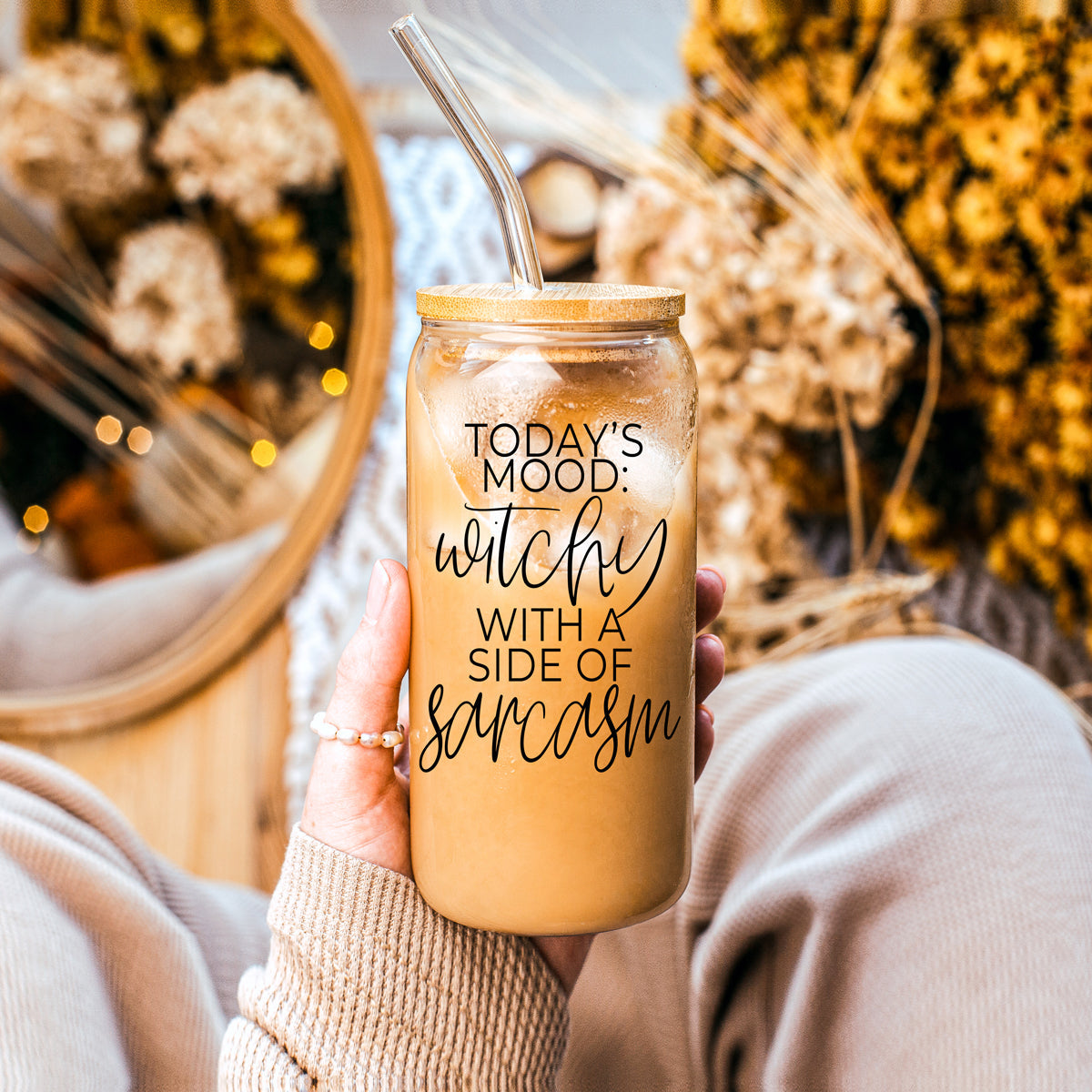 Witchy With a Side of Sarcasm 20oz Glass Tumbler with Lid - Image 8