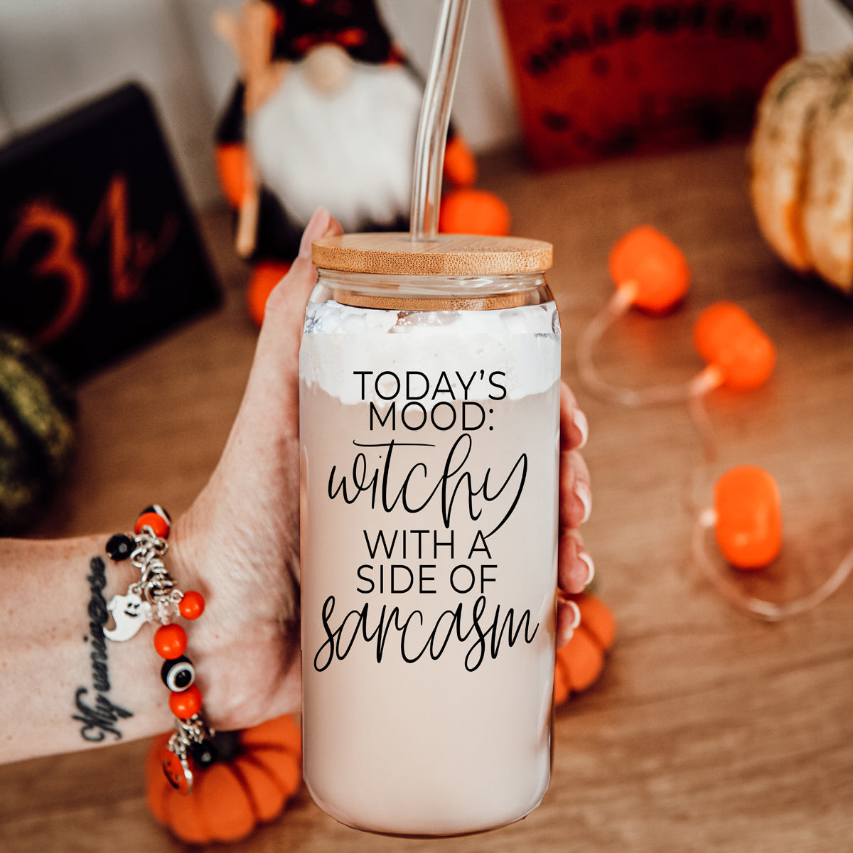 Witchy With a Side of Sarcasm 20oz Glass Tumbler with Lid - Image 18