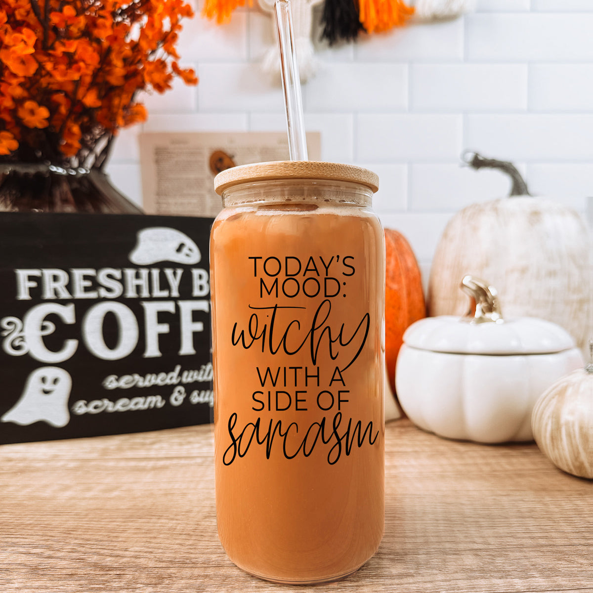 Witchy With a Side of Sarcasm 20oz Glass Tumbler with Lid - Image 21