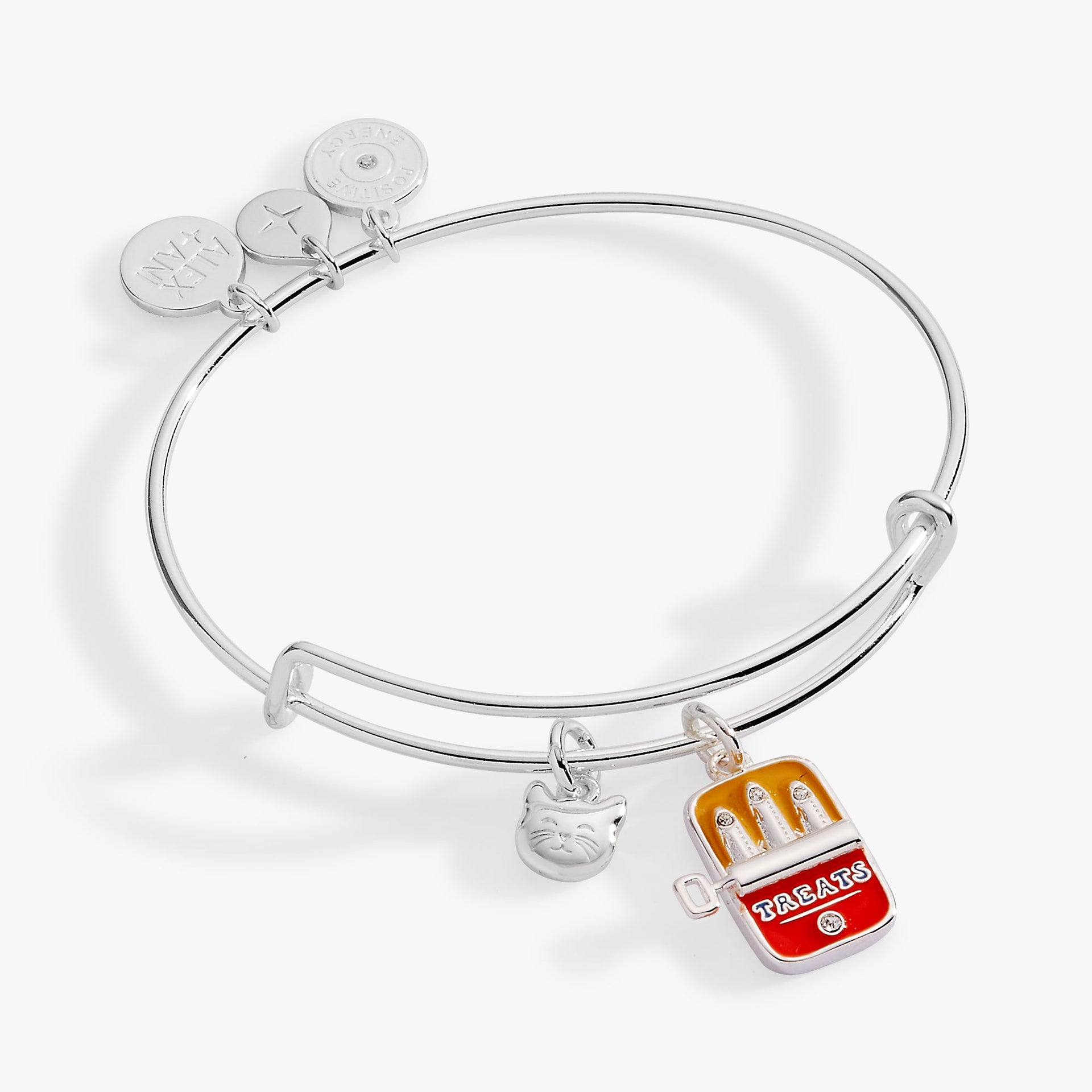 Alex And Ani silver-tone bangle with 3D cat face charm and sardine tin charm labeled treats.