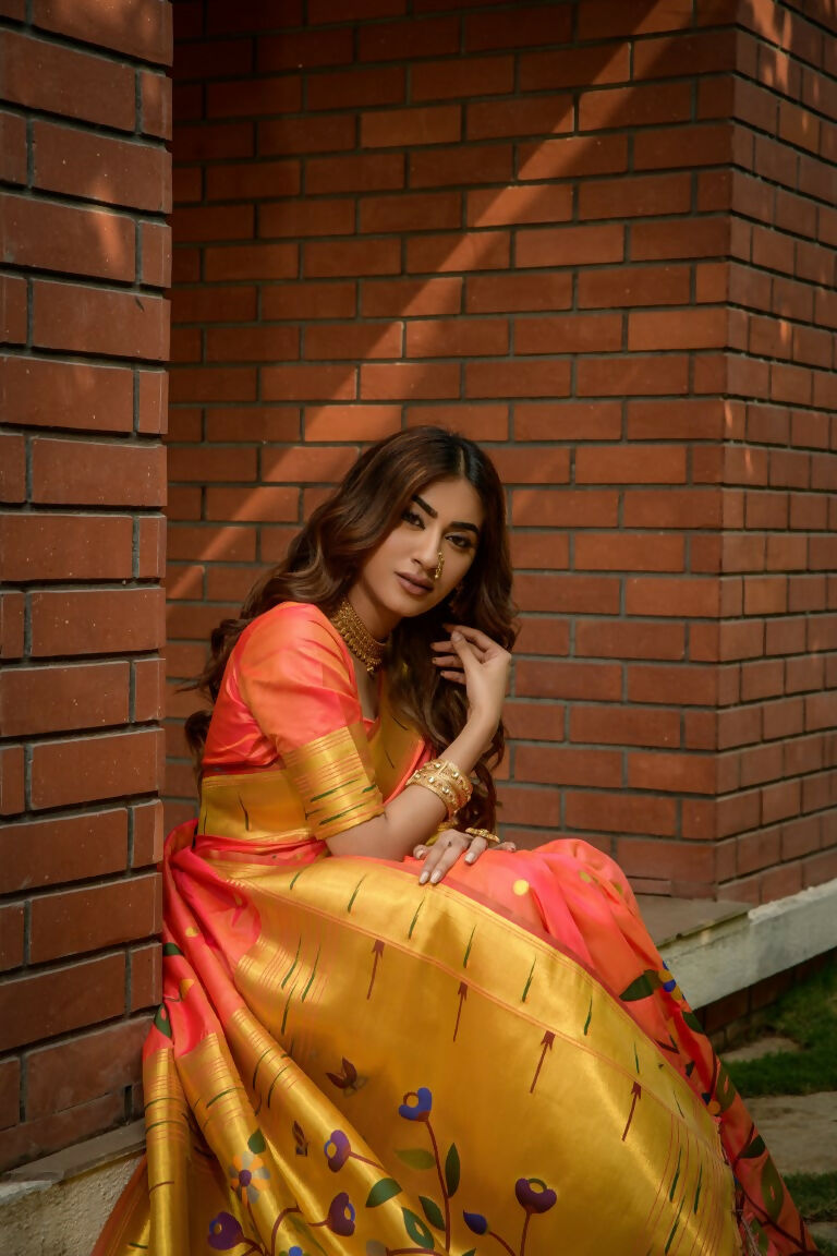 Coral Paithani Silk Saree with Zari Woven Border and Blouse