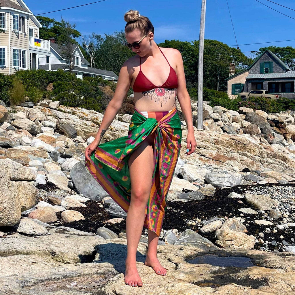 Sari Beach Sarong: Multi-Color Silk Bohemian Resort Wrap Skirt